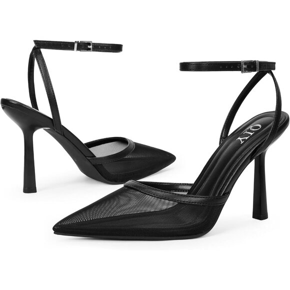 Women Black Mesh Pumps Stiletto Wedding Dress Closed Toe Ankle Strap Heel Shoes - Picture 2 of 7